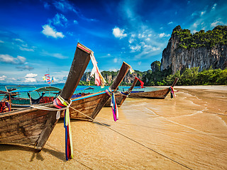 Image showing Long tail boats on beach, Thailand