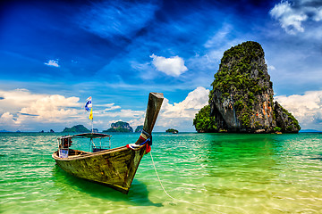 Image showing Long tail boat on beach, Thailand