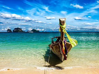 Image showing Long tail boat on beach, Thailand