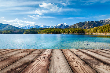 Image showing Wooden planks background with lake, Germany