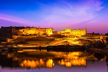 Image showing Amer Fort at night in twilight.  Jaipur, Rajastan, 