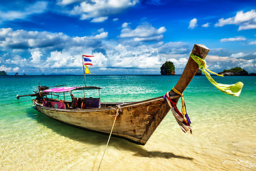 Image showing Long tail boat on beach, Thailand