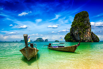 Image showing Long tail boats on beach, Thailand
