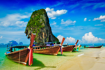 Image showing Long tail boat on beach, Thailand