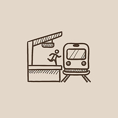 Image showing Latecomer man running along the platform to reach train sketch icon.