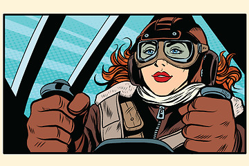 Image showing Girl retro pilot on the plane