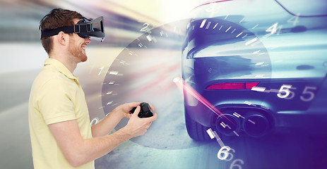 Image showing man in virtual reality headset and car racing game