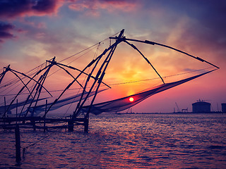 Image showing Chinese fishnets on sunset. Kochi, Kerala, India