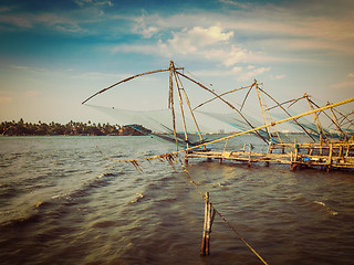 Image showing Chinese fishnets on sunset. Kochi, Kerala, India