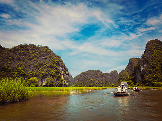 Image showing Tourists on boats in Vietnam