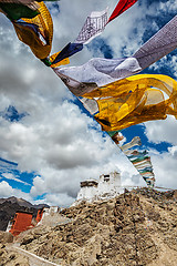 Image showing Leh gompa and lungta prayer flags. Leh, Ladakh, India