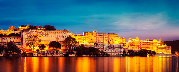 Image showing Udaipur City Palace in the evening panoramic view. Udaipur, Indi