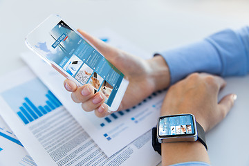 Image showing close up of woman with news web page on smartphone