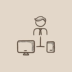 Image showing Man linked with computer and phone sketch icon.