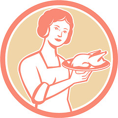 Image showing Housewife Serving Chicken Roast Circle Retro