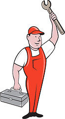 Image showing Mechanic Raising Wrench Holding Toolbox Cartoon