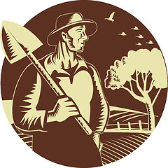 Image showing Organic Farmer Holding Shovel Farm Circle Woodcut