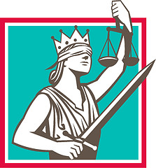 Image showing Lady Justice Raising Scales Sword Square Retro