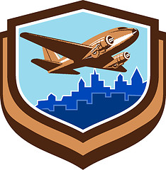 Image showing Vintage Airplane Take Off Cityscape Shield Retro