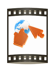Image showing Link selection computer mouse cursor and Earth - Glodal internet concept on white background. The film strip