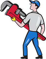 Image showing Plumber Carry Monkey Wrench Walking Cartoon