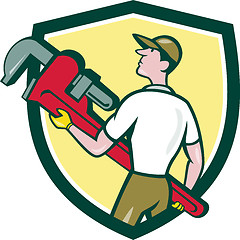 Image showing Plumber Carry Monkey Wrench Walking Crest Cartoon