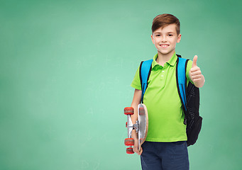 Image showing boy with backpack and skateboard showing thumbs up