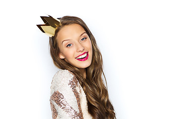 Image showing happy young woman or girl in party dress and crown