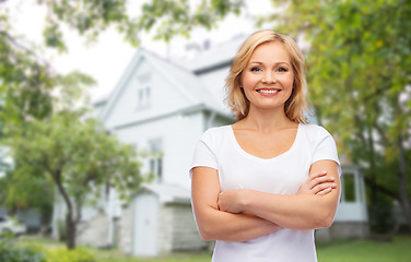 Image showing smiling woman in blank white t-shirt