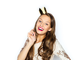 Image showing happy young woman or girl in party dress and crown