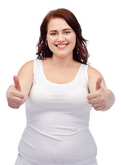 Image showing plus size woman in underwear showing thumbs up