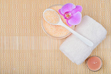 Image showing Kit body care, accessories for Spa on a bamboo mat