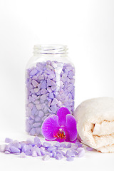 Image showing Salt, towel and orchid