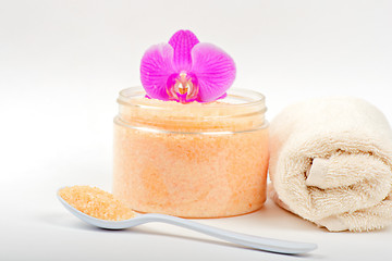 Image showing Salt, spoon, towel and orchid