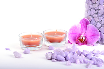 Image showing Salt, spoon, towel and orchid