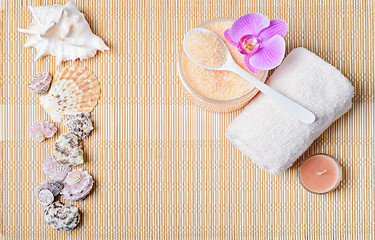 Image showing Kit body care, accessories for Spa on a bamboo mat