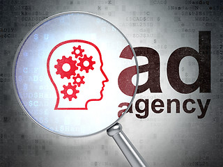 Image showing Marketing concept: Head With Gears and Ad Agency with optical glass