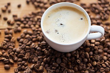 Image showing close up coffee cup and grains on wooden table