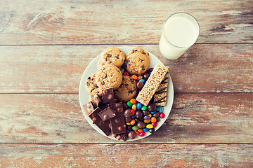 Image showing close up of sweet food and milk glass on table