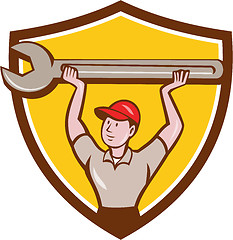 Image showing Mechanic Lifting Wrench Crest Cartoon