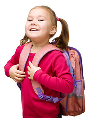 Image showing Portrait of a cute little schoolgirl with backpack