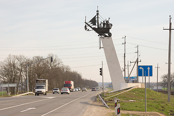 Image showing Anapa, Russia - April 2, 2016: Stella with the vehicle on the highway A-290 Novorossiysk - Kerch, at the entrance to Anapa, at the turn in Vityazevo village