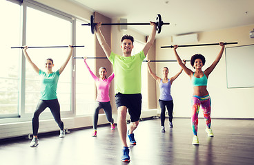 Image showing group of people exercising with bars in gym
