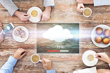 Image showing close up of business team drinking coffee on lunch