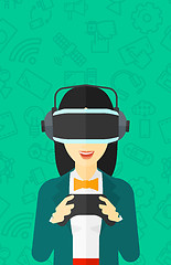 Image showing Woman wearing virtual reality headset.