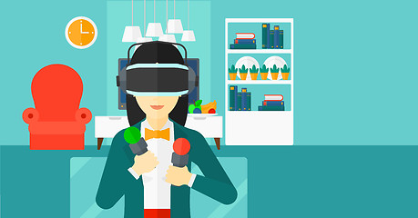 Image showing Woman wearing virtual reality headset.