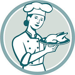 Image showing Female Chef Serving Chicken Roast Circle Retro