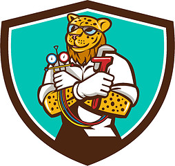 Image showing Leopard Heating Specialist Mechanic Shield Cartoon