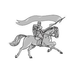 Image showing Knight Riding Horse Shield Lance Flag Retro