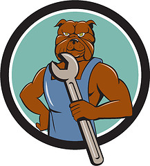 Image showing Bulldog Mechanic Holding Wrench Circle Cartoon
